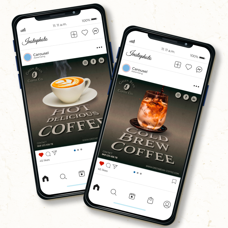 Social Media Vorlagen Zwei Smartphones zeigen Instagram-Beiträge zu Kaffeegetränken.