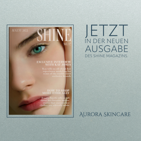 Cover des Shine Magazins mit einem Porträt einer Person und dem Text zu Aurora Skincare.