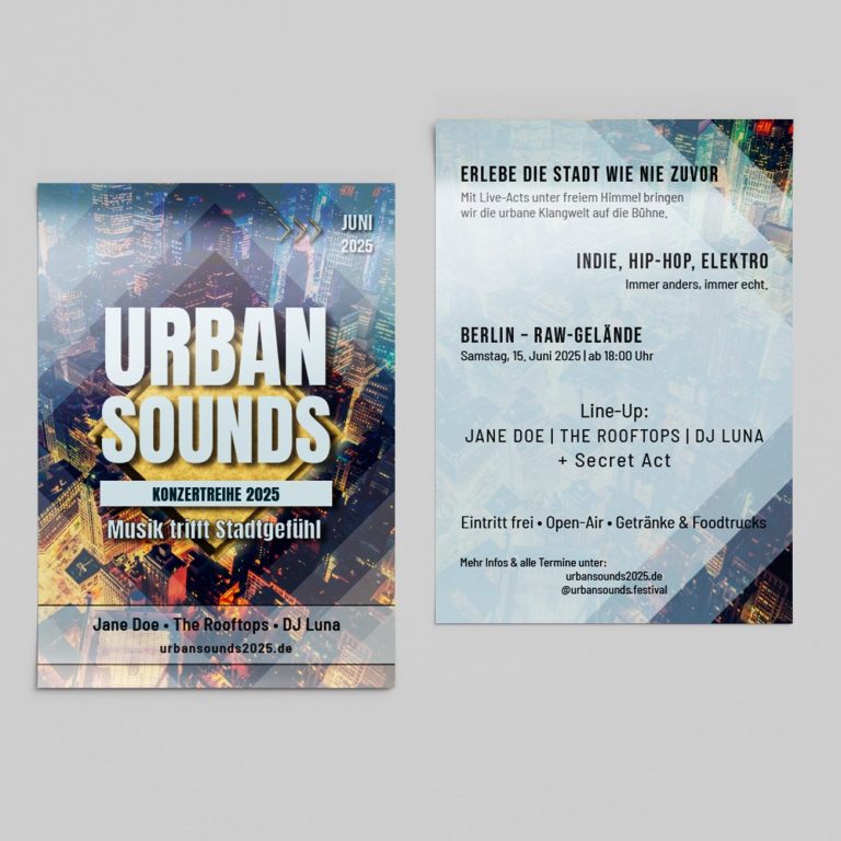 Flyerdesign Veranstaltungsflyer für "Urban Sounds" mit Datum und Informationen über Musikrichtungen.