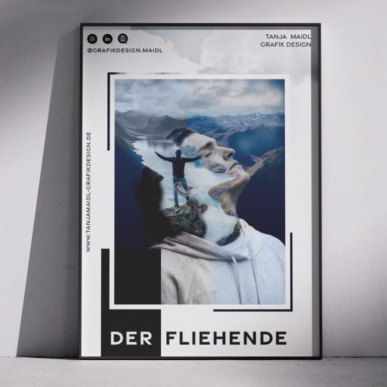 Plakatdesign Porträt einer Person mit überlagerten Wolken und Bäumen im Hintergrund.
Titel: "Der Fliehende"