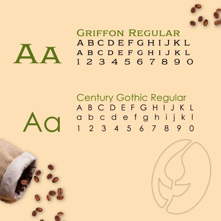 Typografische Übersicht mit zwei Schriftarten und Kaffeebohnen auf neutralem Hintergrund.