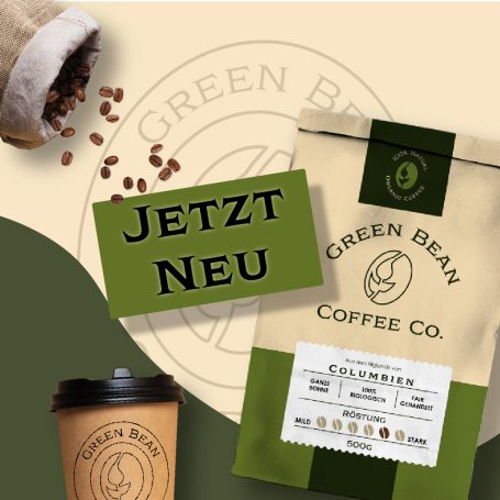 Kaffeeverpackung mit dem Text "Jetzt Neu" und einer Kaffeetasse.