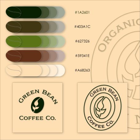 Farbenpalette und Logo der Green Bean Coffee Co. auf beigem Hintergrund.